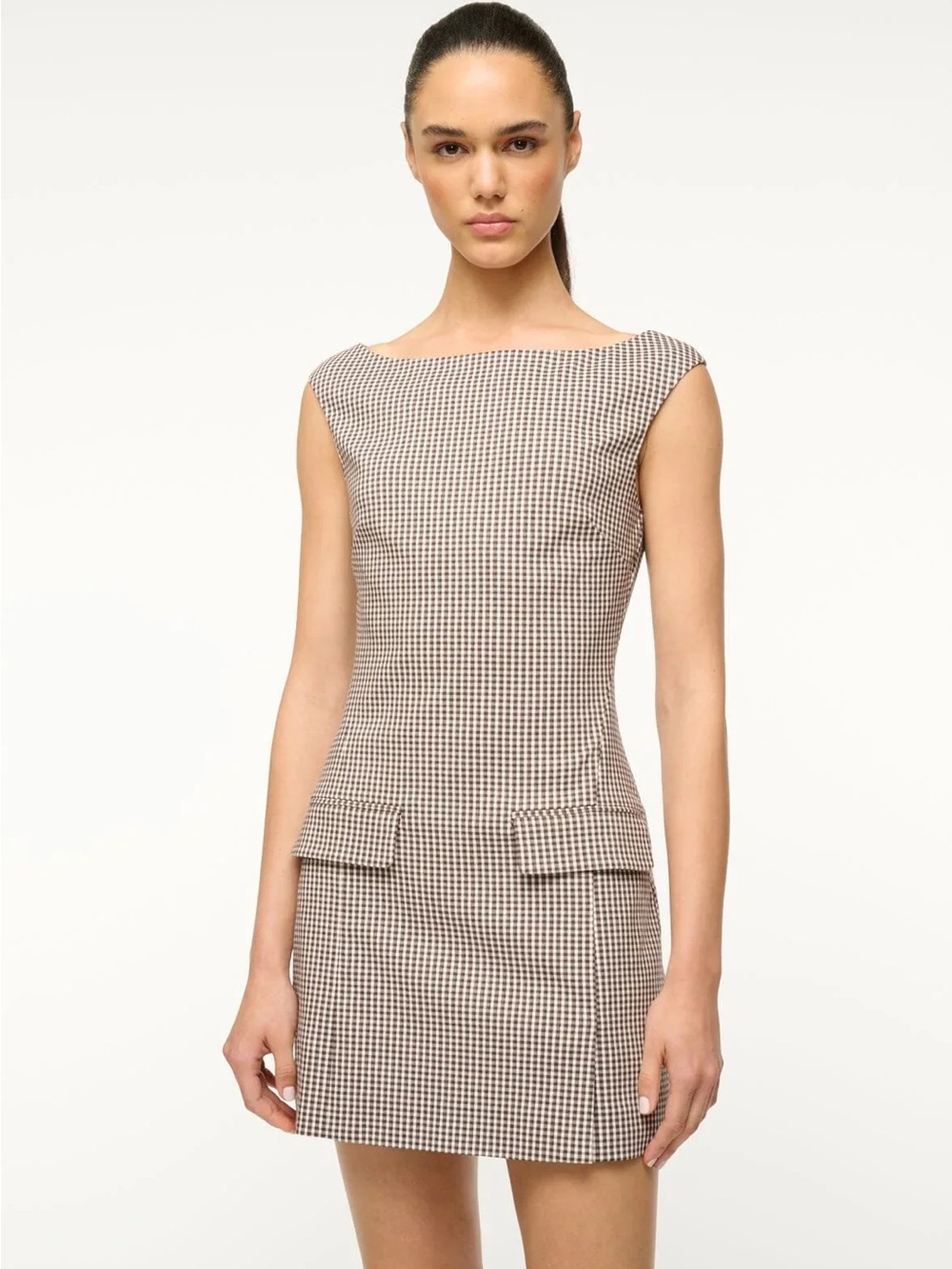 Staud Walker Gingham Sheath Mini Dress in Brown and Cream